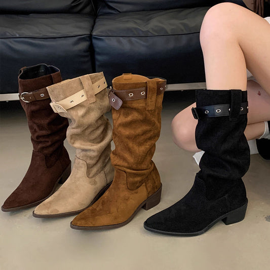 Western Cowboy Mid-calf Thick Heel Pointed Toe High Fold Stack Boots
