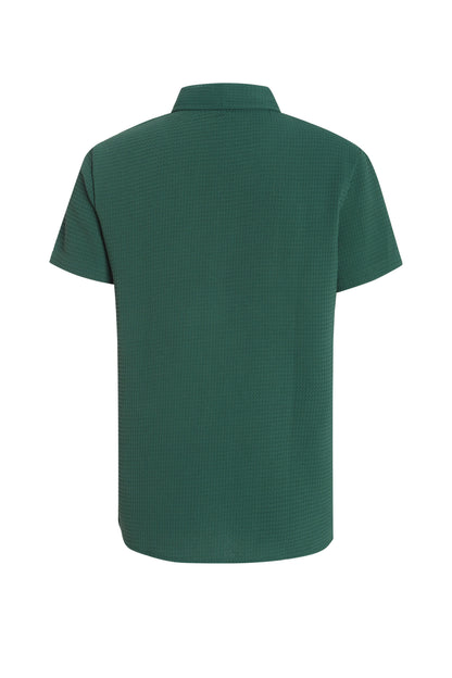 Retro Waffle Patterned Dark Green Lapel Polo Shirt - A Short-sleeved Casual Top With Breathable Texture