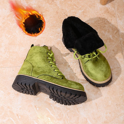 Front Lace-up Suede Ankle Boots With Fleece Lining