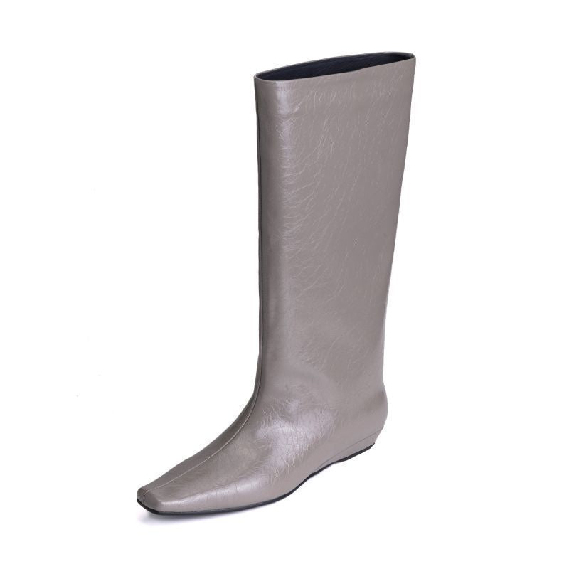 Trendy Black Large Barrel Women's Boots Versatile Square Toe Kitten Heel Knee-high Straight Tube Soft Leather Boots