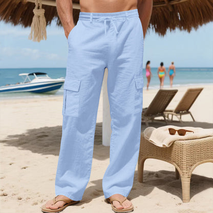 Men's Workwear Linen Drawstring Pants With Multiple Pockets And Straight Leg