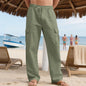 Men's Workwear Linen Drawstring Pants With Multiple Pockets And Straight Leg