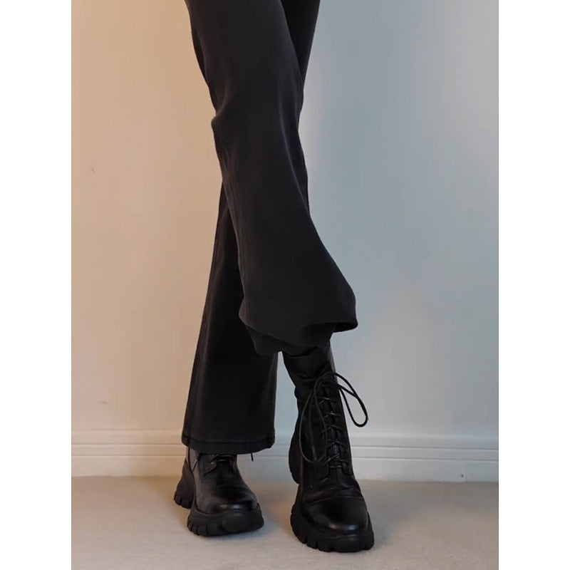 New Stylish Versatile Black Thick-soled Back Zipper Lace-up Motorcycle Boots