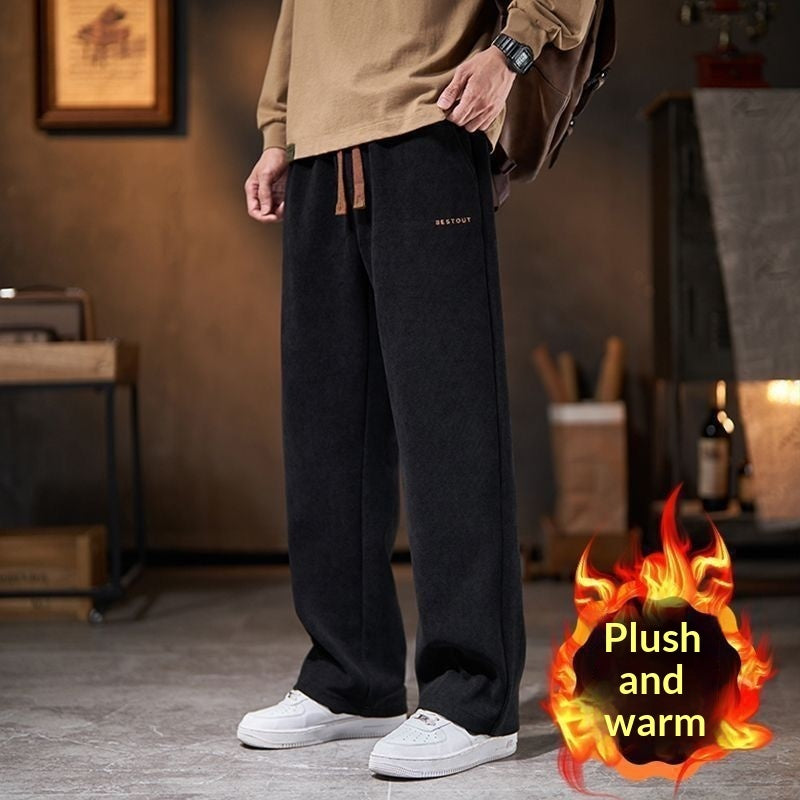 Men's Straight-leg Pants For Autumn And Winter Loose American-style Fleece-lined Trousers
