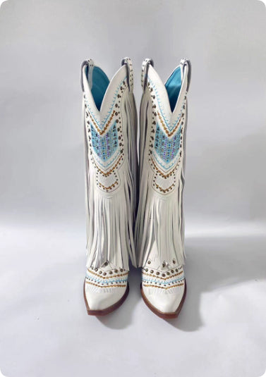 Retro Embroidered Rhinestone Slip-on Tassel Boots For Women