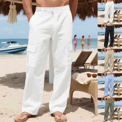 Men's Workwear Linen Drawstring Pants With Multiple Pockets And Straight Leg