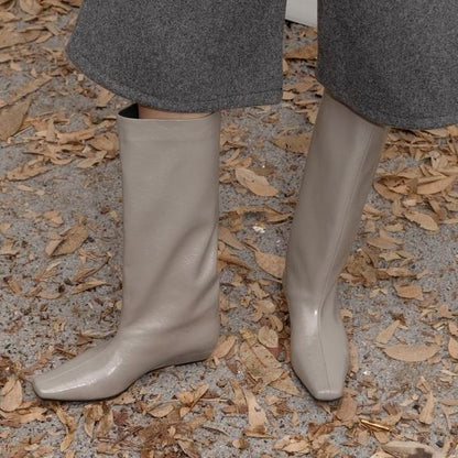 Trendy Black Large Barrel Women's Boots Versatile Square Toe Kitten Heel Knee-high Straight Tube Soft Leather Boots