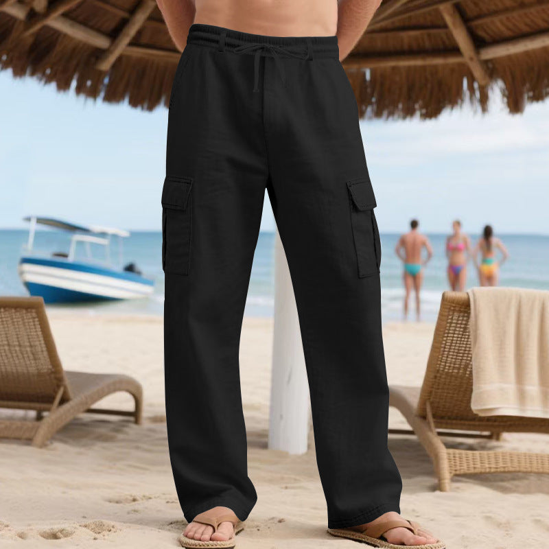 Men's Workwear Linen Drawstring Pants With Multiple Pockets And Straight Leg