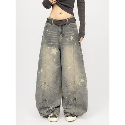 Vintage Washed Distressed Gray Splatter Curved Knife Jeans For Men