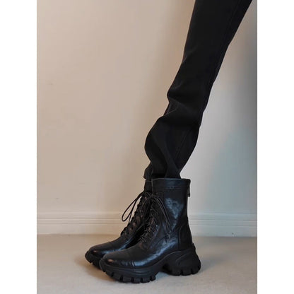New Stylish Versatile Black Thick-soled Back Zipper Lace-up Motorcycle Boots
