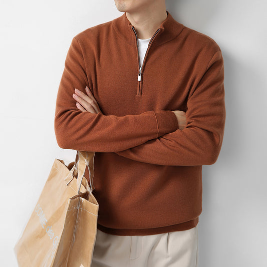 Men's Sweater Light Mature Simple Zip Stand Collar Machine Washable Merino Wool Knitwear