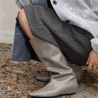 Trendy Black Large Barrel Women's Boots Versatile Square Toe Kitten Heel Knee-high Straight Tube Soft Leather Boots