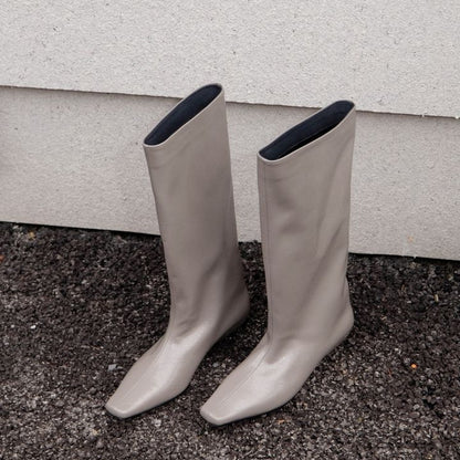 Trendy Black Large Barrel Women's Boots Versatile Square Toe Kitten Heel Knee-high Straight Tube Soft Leather Boots