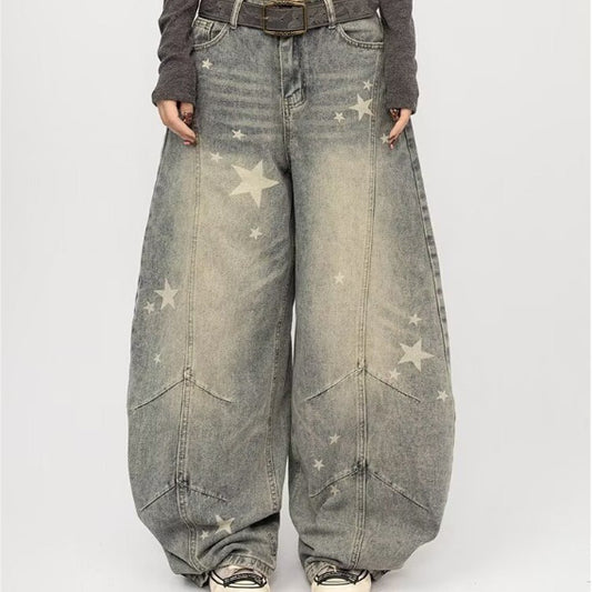 Vintage Washed Distressed Gray Splatter Curved Knife Jeans For Men