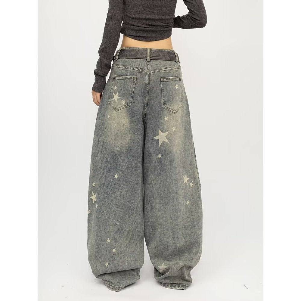 Vintage Washed Distressed Gray Splatter Curved Knife Jeans For Men