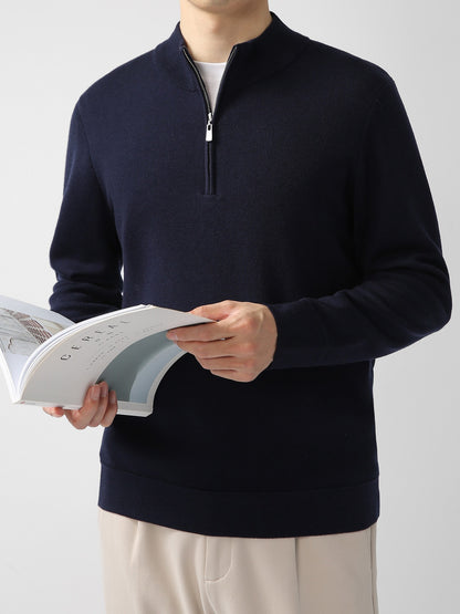 Men's Sweater Light Mature Simple Zip Stand Collar Machine Washable Merino Wool Knitwear