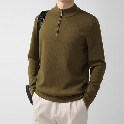 Men's Sweater Light Mature Simple Zip Stand Collar Machine Washable Merino Wool Knitwear