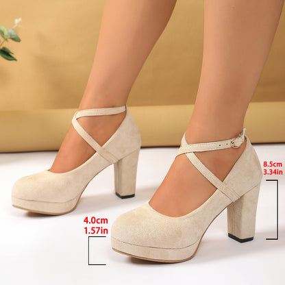 Shallow High-heel Chunky Heel Suede Cross-strap Women's Shoes