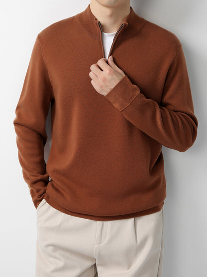 Men's Sweater Light Mature Simple Zip Stand Collar Machine Washable Merino Wool Knitwear