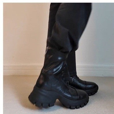 New Stylish Versatile Black Thick-soled Back Zipper Lace-up Motorcycle Boots