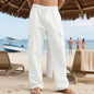 Men's Workwear Linen Drawstring Pants With Multiple Pockets And Straight Leg