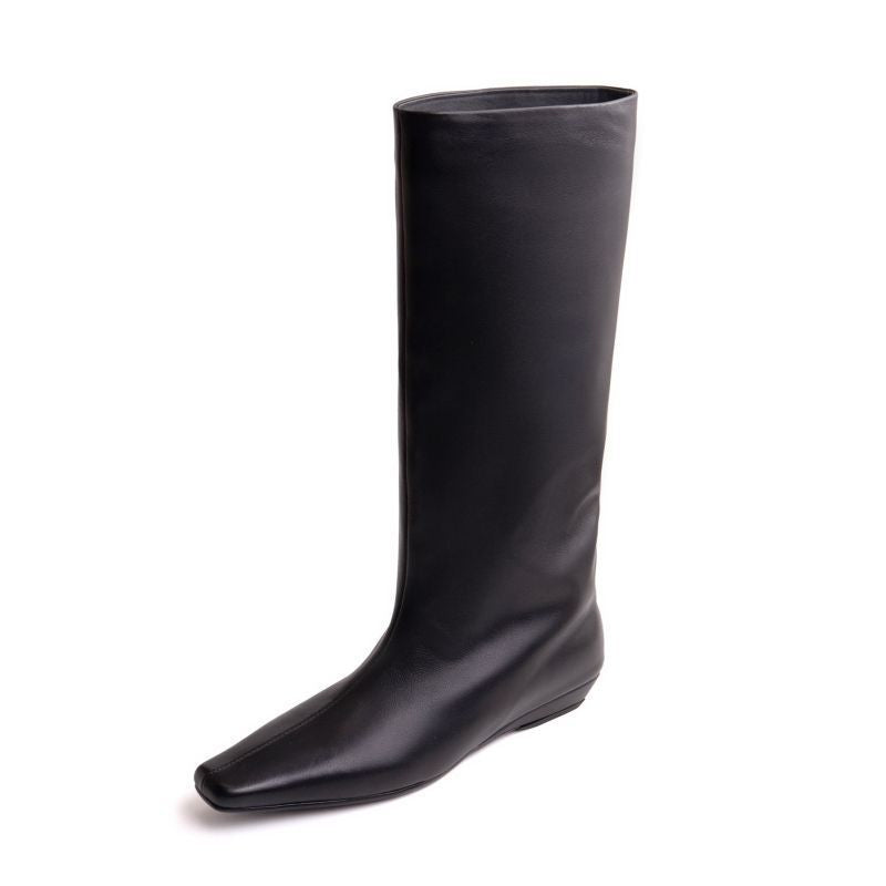Trendy Black Large Barrel Women's Boots Versatile Square Toe Kitten Heel Knee-high Straight Tube Soft Leather Boots