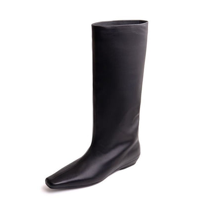 Trendy Black Large Barrel Women's Boots Versatile Square Toe Kitten Heel Knee-high Straight Tube Soft Leather Boots