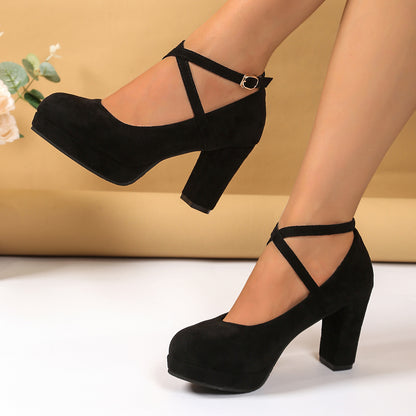Shallow High-heel Chunky Heel Suede Cross-strap Women's Shoes