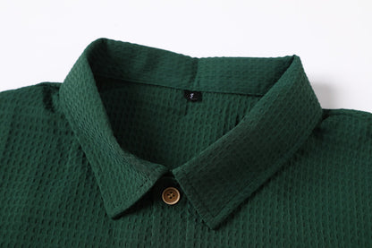 Retro Waffle Patterned Dark Green Lapel Polo Shirt - A Short-sleeved Casual Top With Breathable Texture