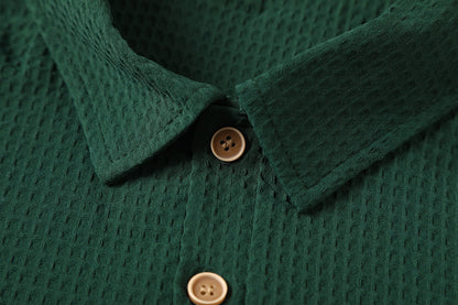 Retro Waffle Patterned Dark Green Lapel Polo Shirt - A Short-sleeved Casual Top With Breathable Texture